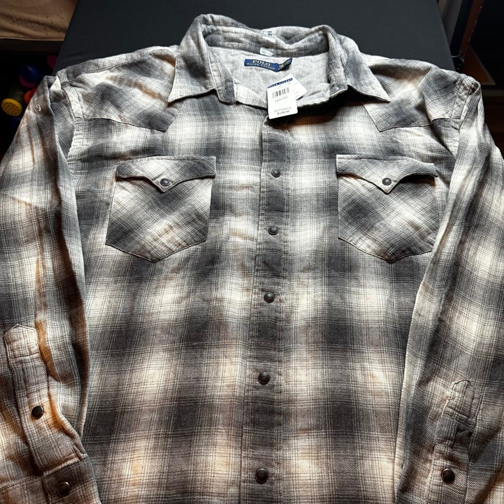 Polo Ralph Lauren Mens Grey Ombre Plaid Cotton Western Snap Front Shirt NWT